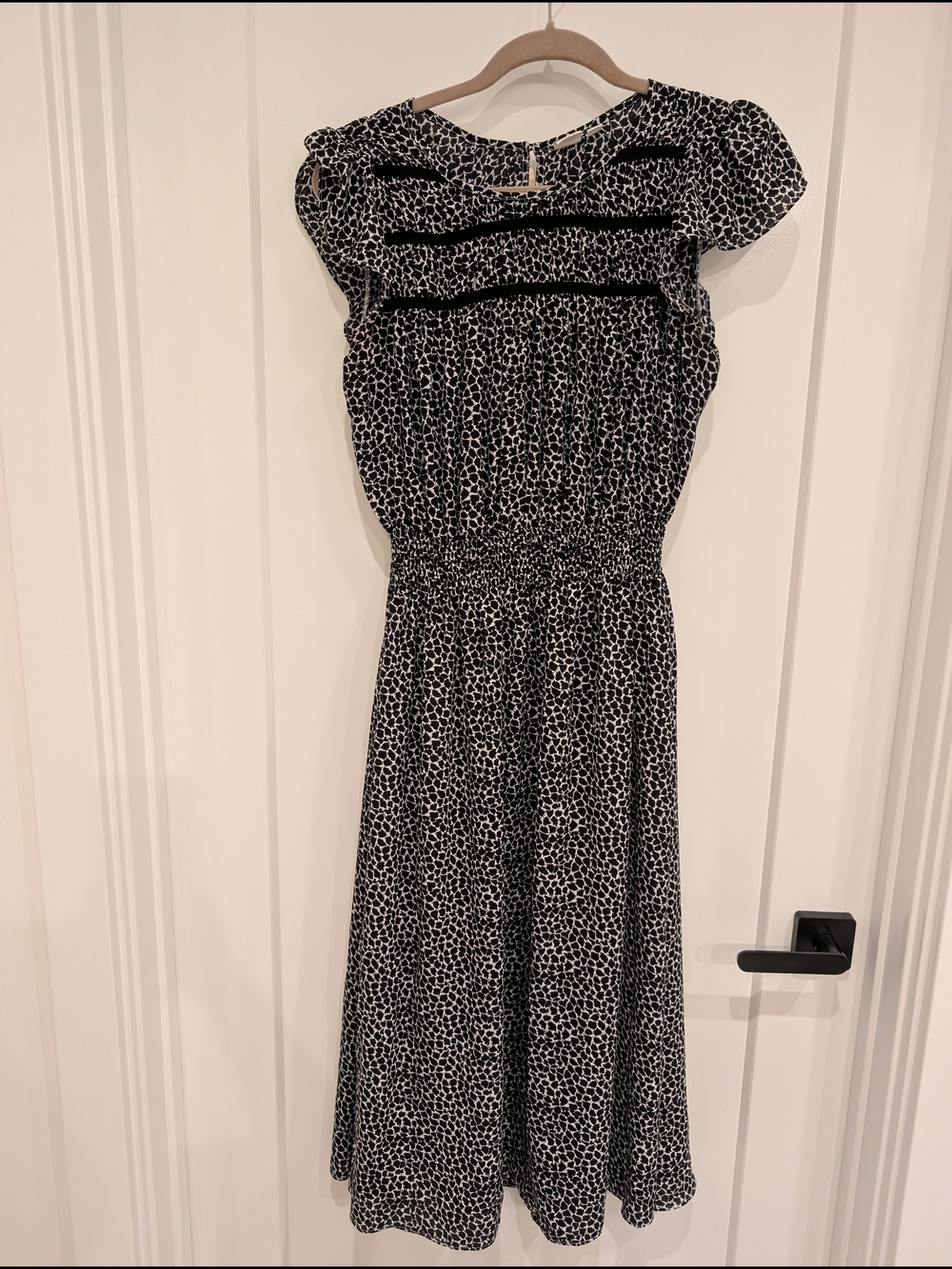 Black & White Printed Midi Dress with Smocked Waist